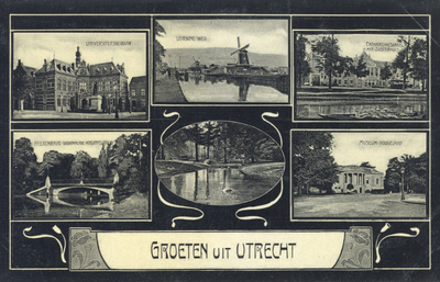 602761 Collage van gezichten te Utrecht:- Academiegebouw- Leidsche Rijn- Zusterhuis Algemeen Ziekenhuis- Herenbrug- ...
